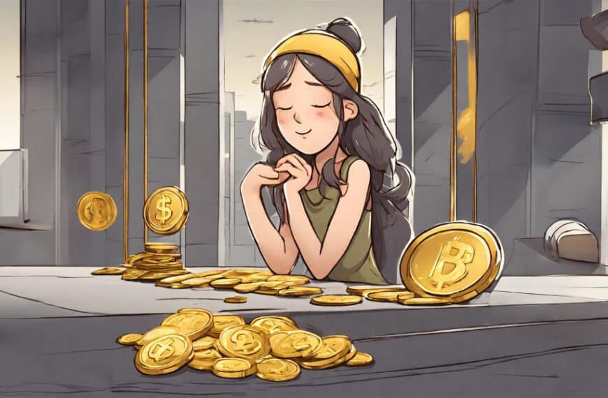 ภาพของหญิงสาวที่กำลังนั่งฝันกลางวัน โดยมีเหรียญทองคำหลายเหรียญที่กองอยู่บนโต๊ะและมีเหรียญ Bitcoin ขนาดใหญ่วางอยู่ข้างๆ แสดงถึงการเชื่อมโยงระหว่างความฝันทางการเงินและความสำเร็จที่เป็นไปได้ในยุคดิจิทัล