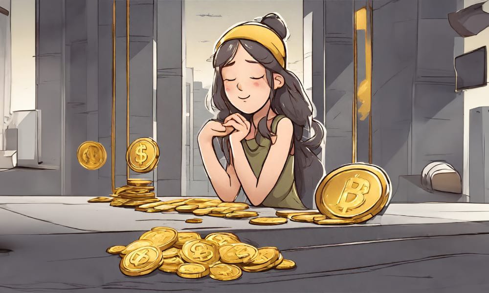 ภาพของหญิงสาวที่กำลังนั่งฝันกลางวัน โดยมีเหรียญทองคำหลายเหรียญที่กองอยู่บนโต๊ะและมีเหรียญ Bitcoin ขนาดใหญ่วางอยู่ข้างๆ แสดงถึงการเชื่อมโยงระหว่างความฝันทางการเงินและความสำเร็จที่เป็นไปได้ในยุคดิจิทัล