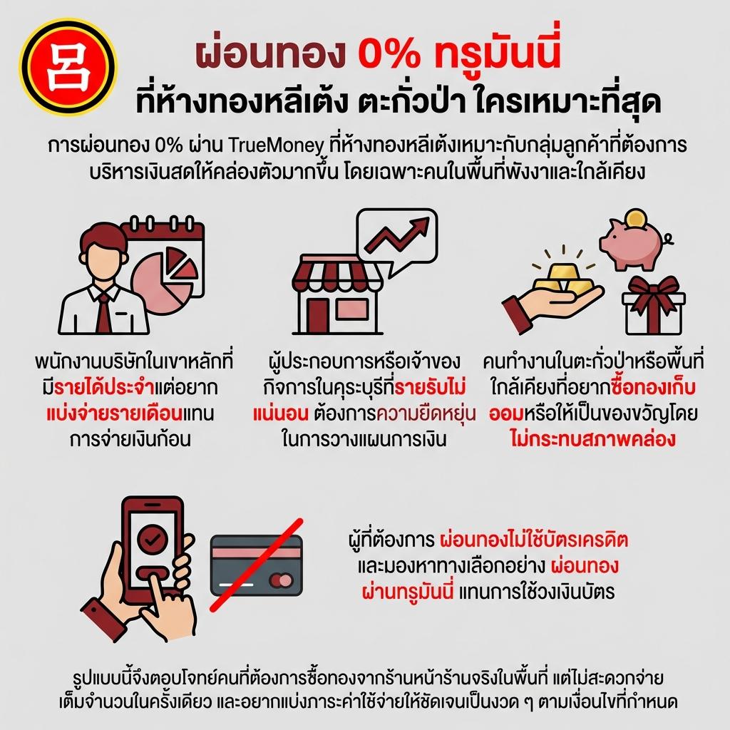 อินโฟกราฟิกภาษาไทยอธิบายแผนผ่อนชำระทองคำ 0% ที่ร้านค้าพันธมิตร TrueMoney ในพังงา พร้อมไอคอนสำหรับพนักงาน ร้านค้า สัญญา การติดตั้ง การใช้งานสมาร์ทโฟน และการจัดตารางการชำระเงิน.