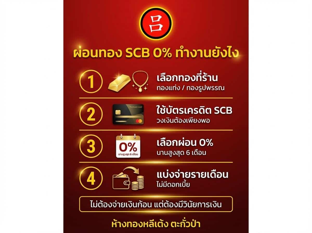อินโฟกราฟิกภาษาไทยที่อธิบายขั้นตอนในการซื้อทองคำด้วย ผ่อนทอง 0% SCB โดยใช้บัตรเครดิต SCB พร้อมด้วยสี่ขั้นตอนง่าย ๆ ที่มีไอคอนบนพื้นหลังสีแดงที่โดดเด่น.