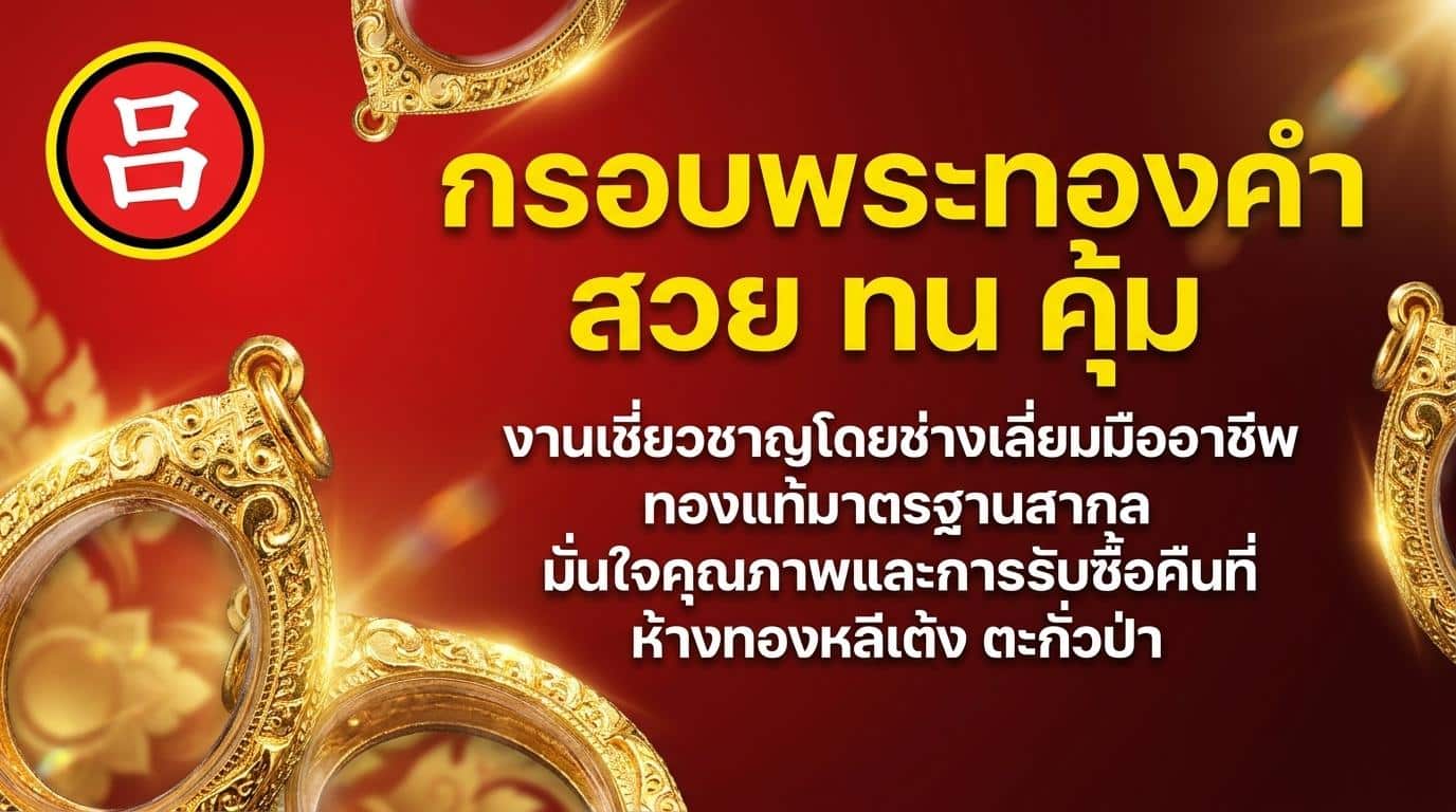 ภาพโฆษณาพร้อมข้อความภาษาไทยสีเหลืองเกี่ยวกับเครื่องประดับทองคุณภาพและกรอบพระ, ประกอบด้วยเครื่องประดับทองและพื้นหลังสีแดงพร้อมสัญลักษณ์ตัวอักษรจีน.