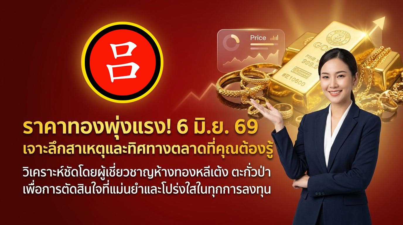 ผู้หญิงในชุดสูทยืนอยู่ข้างแท่งทองคำ, เหรียญ, และภาพกราฟิกเครื่องประดับ. ข้อความภาษาไทยกล่าวถึง "ราคาทองคำขึ้นเพราะอะไร?" พร้อมการวิเคราะห์ตลาดจากผู้เชี่ยวชาญและราคาทองคำล่าสุดที่พุ่งสูงขึ้นในวันที่ 6 มิถุนายน 2569.