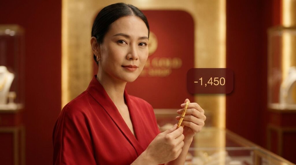 ผู้หญิงในชุดสีแดงถือสร้อยข้อมือทองคำในร้านเครื่องประดับ โดยมีตัวเลข "-1,450" แสดงอยู่ข้างๆ เธอ ทำให้เกิดคำถามว่า: ราคาทองขึ้นเพราะอะไร?.