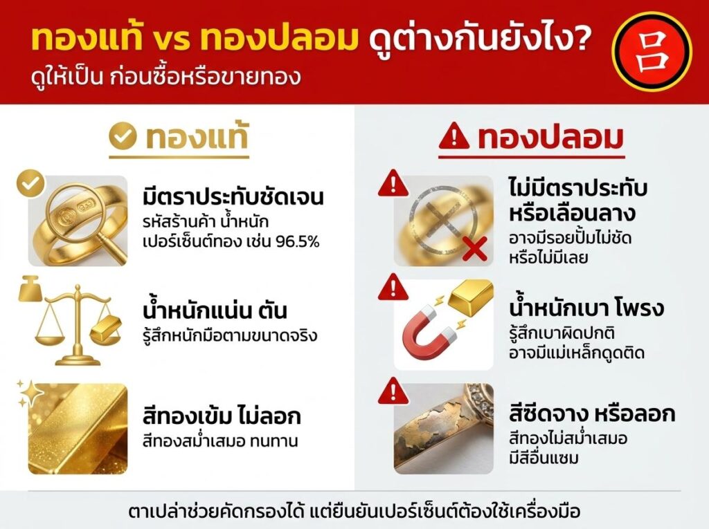ตารางเปรียบเทียบในภาษาไทยที่แสดงถึงความแตกต่างระหว่างทองคำแท้กับทองคำปลอม พร้อมวิธีดูทองแท้ด้วยไอคอนและข้อความที่อธิบายเคล็ดลับและลักษณะสำคัญในการแยกแยะสำหรับแต่ละประเภท.