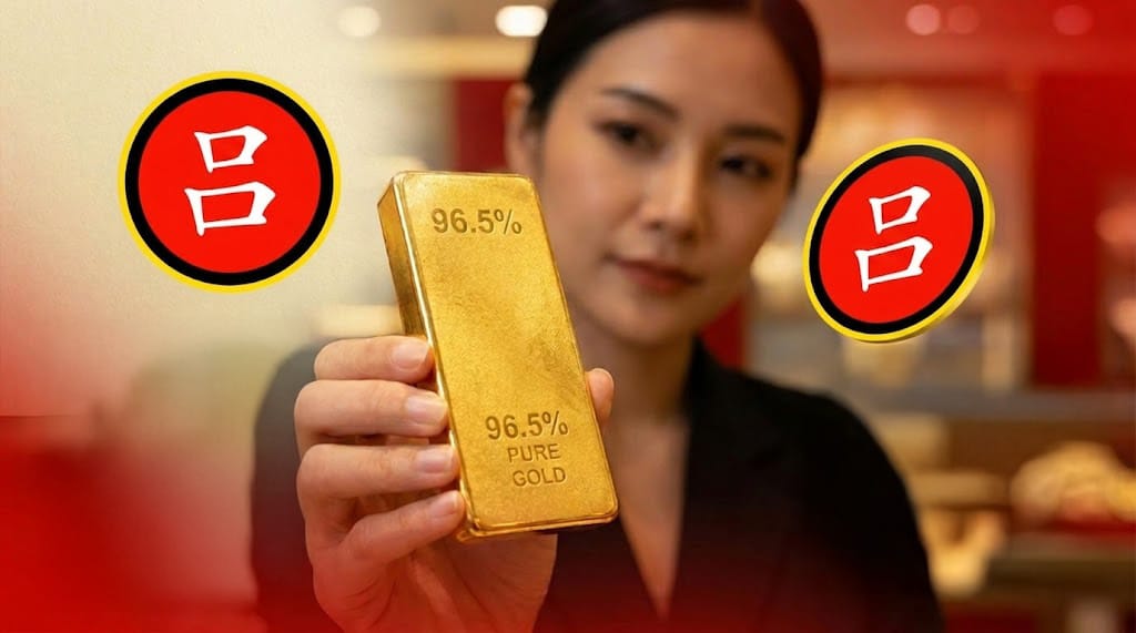 ผู้หญิงคนหนึ่งถือแท่งทองคำที่มีเครื่องหมาย "96.5% PURE GOLD" พลางครุ่นคิดว่าจะออมทองที่ไหนดี สัญลักษณ์สีแดงและดำสองอันที่มีลวดลายสีขาวปรากฏอยู่ทั้งสองข้างของเธอ.