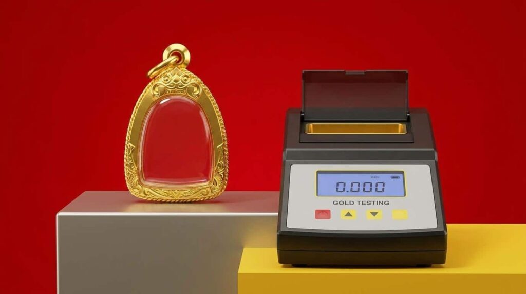 กล่องพระทองคำ เลี่ยมกรอบพระ ถูกจัดแสดงอยู่ข้างเครื่องทดสอบทองคำดิจิทัลที่แสดงผลว่างเปล่า โดยมีพื้นหลังสีแดง.