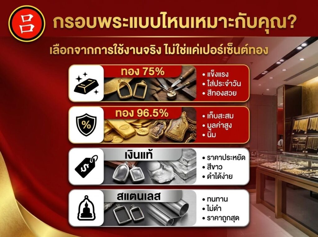 ตารางเปรียบเทียบในภาษาไทยแสดงตัวเลือกการลงทุนสี่แบบ: ทองคำ 75%, ทองคำ 96.5%, เงินสด และสแตนเลส พร้อมระบุคุณสมบัติของแต่ละตัวเลือก—เหมาะสำหรับกรอบพระ—พร้อมภาพประกอบที่เน้นข้อดีและข้อเสีย.