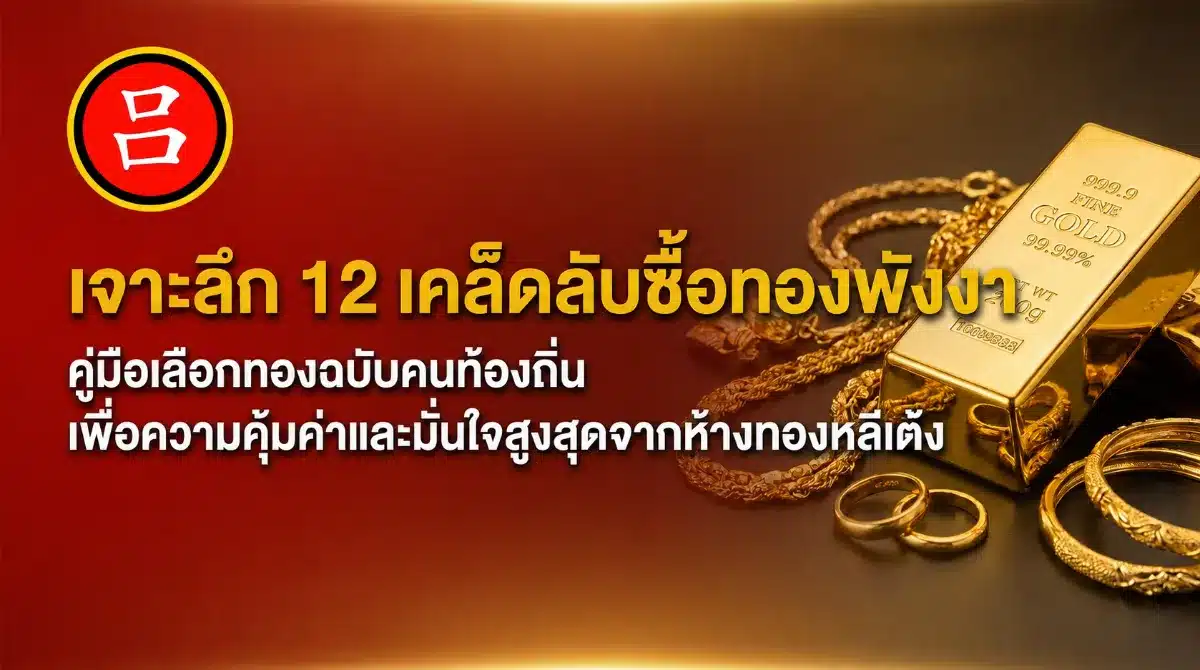 แท่งทอง เหรียญทอง และถุงสีแดงบนพื้นหลังสีแดง พร้อมข้อความภาษาไทยเกี่ยวกับ 12 เคล็ดลับในการซื้อทองอย่างชาญฉลาด — เหมาะอย่างยิ่งสำหรับผู้ที่ต้องการซื้อทองในพังงา.