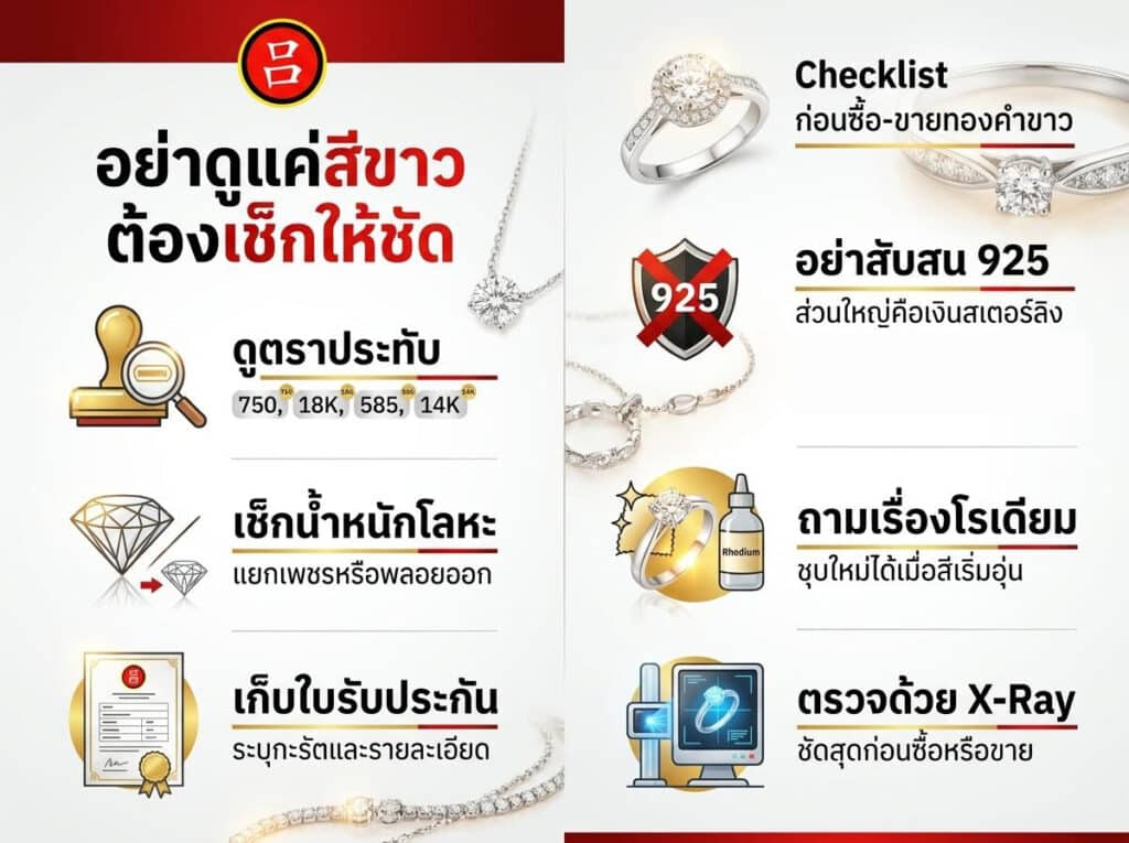 อินโฟกราฟิกภาษาไทยที่มีแผนภาพ รูปภาพเครื่องประดับ และคำแนะนำด้วยข้อความ เพื่อตรวจสอบความแท้และคุณภาพของเครื่องประดับเงิน แพลทินัม หรือเพชร — รวมถึงความแตกต่างสำคัญระหว่าง ทองขาว (white gold) และ แพลทินัม — ก่อนซื้อหรือขาย.