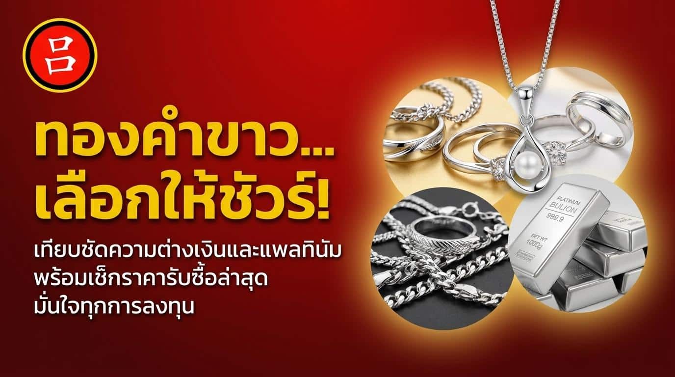 โฆษณาของไทยที่นำเสนอเครื่องประดับ ทองคำขาว (white gold) แหวน และแท่งทองคำขาวอันประณีต — ตกแต่งด้วยตัวอักษรสีเหลืองและสีขาวที่โดดเด่นบนพื้นหลังสีแดงสดใส — เพื่อเน้นย้ำความสง่างามที่ไม่มีวันล้าสมัยของ ทองคำขาว (white gold) และ ทองขาว.