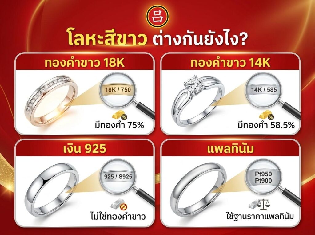 ตารางเปรียบเทียบที่แสดงสี่ประเภทของแหวน: ทอง 18K, ทอง 14K, เงิน 925 และแพลทินัม (แพลทินัม), พร้อมรายละเอียดเกี่ยวกับปริมาณทองและความบริสุทธิ์ของแต่ละประเภท คู่มือที่มีประโยชน์นี้ยังอธิบายความแตกต่างระหว่าง ทองคำขาว (white gold) และ แพลทินัม (platinum) อย่างชัดเจน ทำให้การเลือกแหวนที่เหมาะกับคุณเป็นเรื่องง่ายขึ้น.