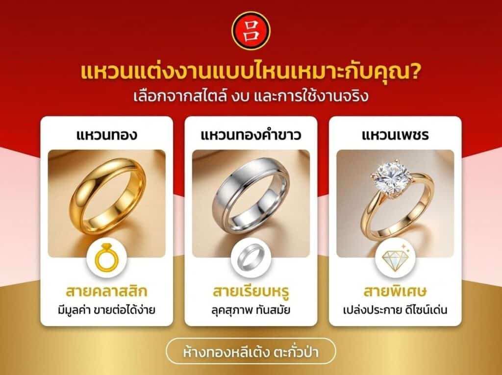 แผนภูมิเปรียบเทียบแหวนหมั้นสามประเภท ได้แก่ ทองเหลือง ทองขาว และแหวนเพชร พร้อมด้วยไอคอนและคำอธิบายเป็นภาษาไทย ภาพประกอบที่ให้ข้อมูลนี้ช่วยให้คู่รักสามารถเลือกระหว่างสไตล์แหวนแต่งงานยอดนิยม โดยเน้นจุดเด่นเฉพาะตัวของแต่ละตัวเลือก สำหรับผู้ที่กำลังมองหา ทองแต่งงาน หรือ ของรับไหว้งานแต่ง ที่สมบูรณ์แบบ.