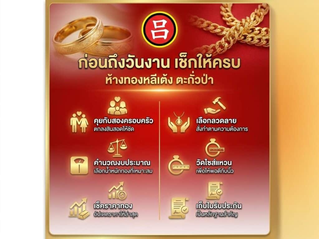 เครื่องประดับทองและอินโฟกราฟิกที่มีไอคอนหกชิ้น แต่ละไอคอนมีข้อความภาษาไทยคู่กัน ซึ่งให้คำแนะนำเกี่ยวกับการซื้อทองก่อนเทศกาลตรุษจีน — รวมถึงเคล็ดลับในการเลือกแหวนแต่งงาน หรือการเลือกสินสอดทองเป็นของรับไหว้งานแต่ง — บนพื้นหลังสีแดงและสีทอง.