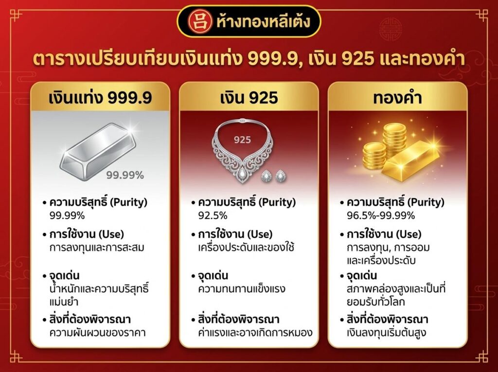 ตารางเปรียบเทียบระหว่างเงิน 999.9 เงิน 925 และทอง ซึ่งแสดงระดับความบริสุทธิ์ การใช้งาน และคุณสมบัติหลักเป็นภาษาไทย พร้อมด้วยไอคอนและข้อความสำหรับแต่ละวัสดุ รวมถึงข้อมูลที่ตอบคำถามยอดนิยม เช่น “ซื้อเงินแท่งได้ที่ไหน” สำหรับผู้ที่สนใจเลือกซื้อหรือศึกษาข้อมูลเกี่ยวกับเงินแท่งและทองในตลาด.