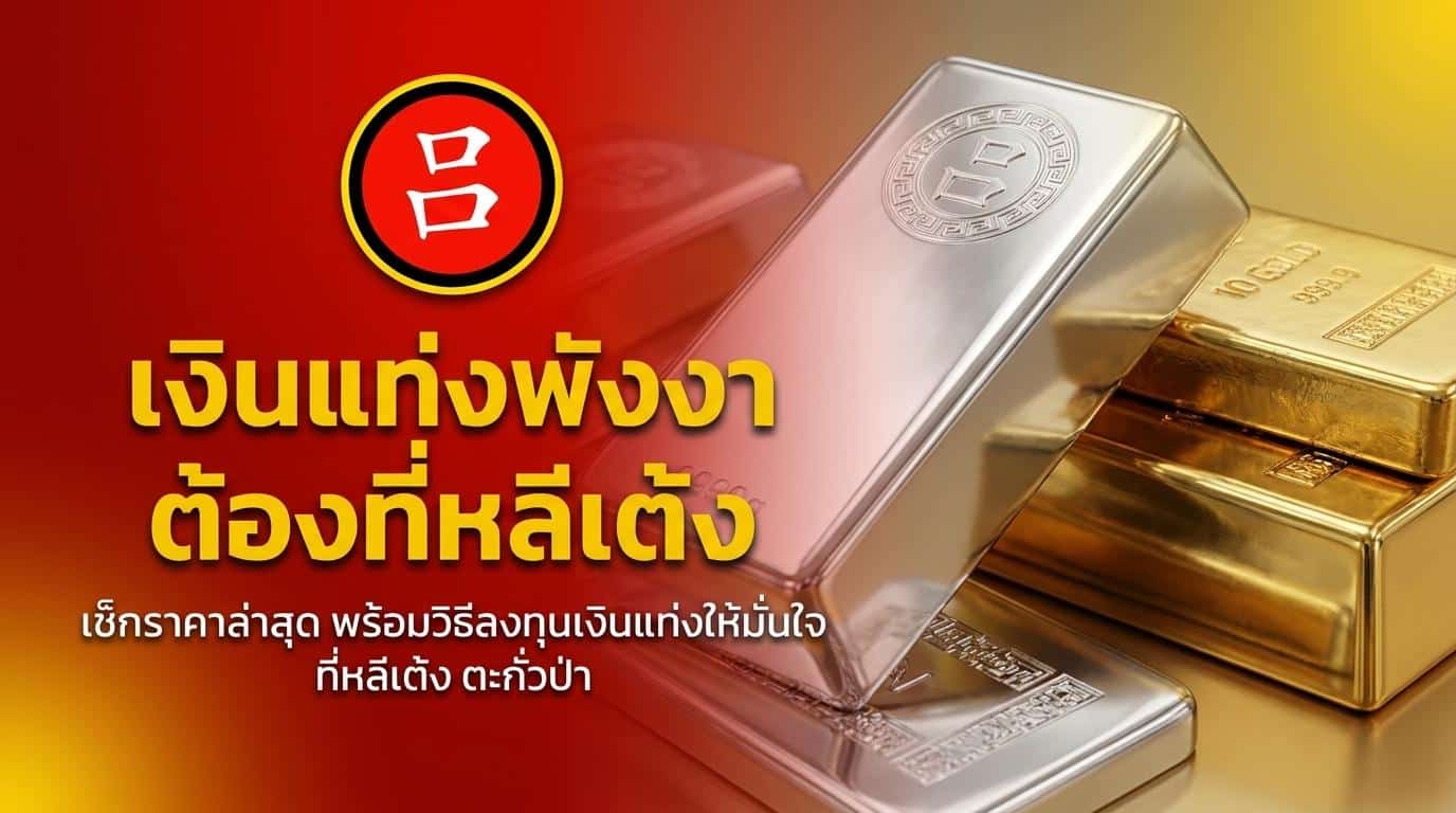 แท่งเงินสามแท่งที่มีข้อความภาษาไทยเกี่ยวกับเคล็ดลับการลงทุน บนพื้นหลังสีแดงและสีเหลือง ให้ข้อมูลที่เป็นประโยชน์สำหรับผู้ที่กำลังสงสัยว่า “ซื้อเงินแท่งที่ไหน” หรือกำลังหาแหล่งเงินแท่งที่น่าเชื่อถือ.