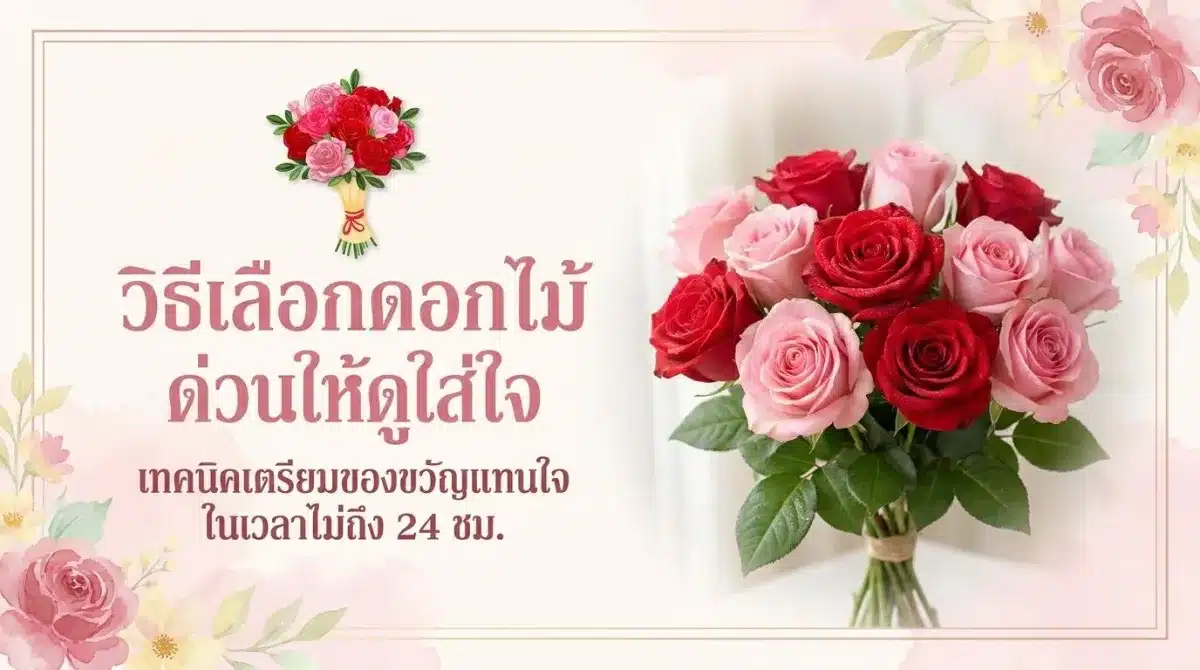 ช่อดอกกุหลาบสีชมพูและสีแดงถูกจัดวางในแจกันข้างข้อความภาษาไทยเกี่ยวกับการเลือกดอกไม้เป็นของขวัญที่แสดงถึงความใส่ใจภายใน 24 ชั่วโมง ภาพกราฟิกดอกไม้สีชมพูตกแต่งตามมุมต่างๆ.