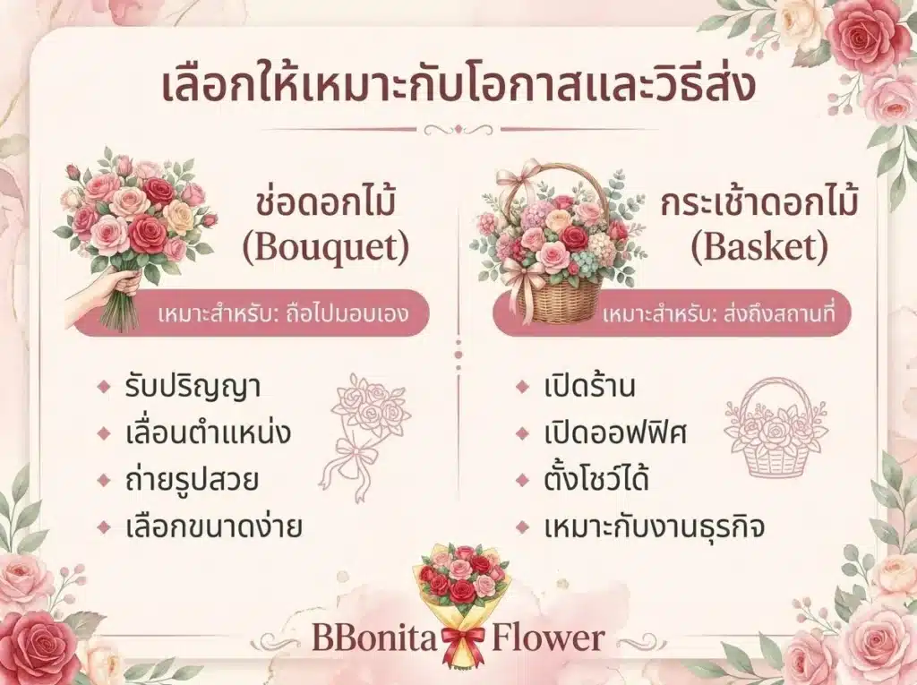 อินโฟกราฟิกที่เปรียบเทียบช่อดอกไม้และตะกร้าดอกไม้ พร้อมระบุโอกาสที่เหมาะสมสำหรับแต่ละประเภท พร้อมภาพประกอบของช่อดอกไม้และตะกร้าดอกไม้บนพื้นหลังลายดอกไม้สีชมพู.