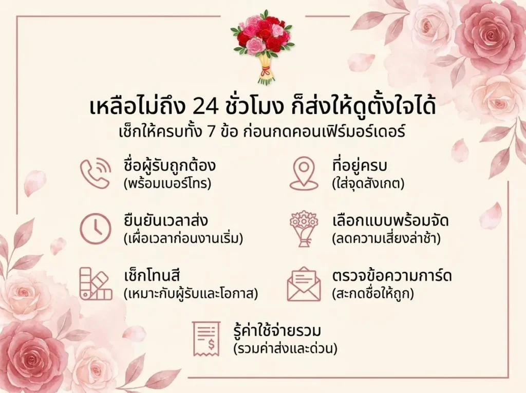 ภาพอธิบายเป็นภาษาไทยเกี่ยวกับบริการส่งดอกไม้ภายใน 24 ชั่วโมง ซึ่งแสดงขั้นตอนและข้อกำหนดด้วยไอคอน พร้อมด้วยขอบลายดอกไม้สีชมพู และตกแต่งด้วยดอกกุหลาบสีชมพูที่มุมทั้งสี่.