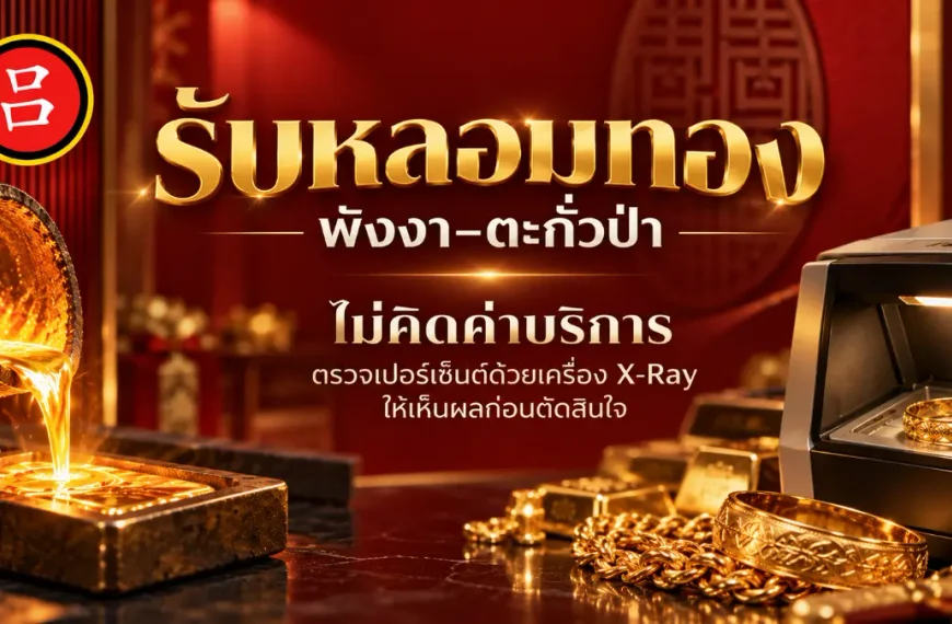 ป้ายโฆษณาบริการตรวจสอบทอง พร้อมด้วยแท่งทอง เหรียญทอง เครื่องประดับ และเครื่องเอ็กซ์เรย์ ในห้องที่ตกแต่งด้วยสีแดงและสีทอง ข้อความภาษาไทยโฆษณาบริการตรวจสอบความแท้ของทองด้วยเครื่องเอ็กซ์เรย์ฟรี และเน้นย้ำบริการ “รับหลอมทอง พังงา” สำหรับลูกค้าที่ต้องการบริการเกี่ยวกับทองที่น่าเชื่อถือในพื้นที่นี้.