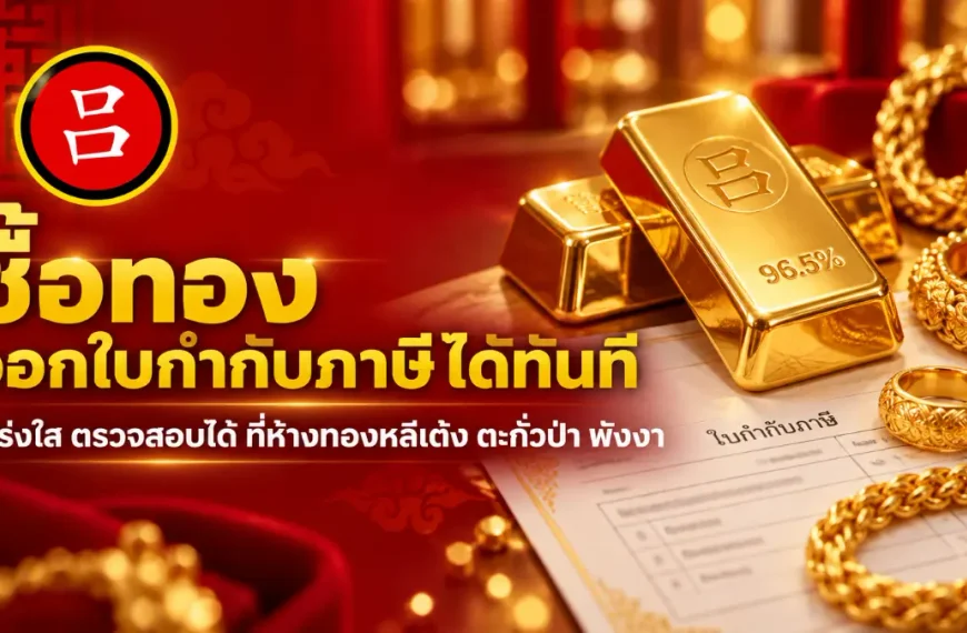 แท่งทอง แหวน และสร้อยทองถูกจัดวางบนโต๊ะพร้อมกับเอกสารภาษี ข้อความภาษาไทยระบุว่า “ซื้อทองออกใบกำกับภาษี” ซึ่งเน้นย้ำถึงการซื้อทองพร้อมออกใบกำกับภาษีทันที สีแดงและสีทองเป็นสีหลักในภาพ.
