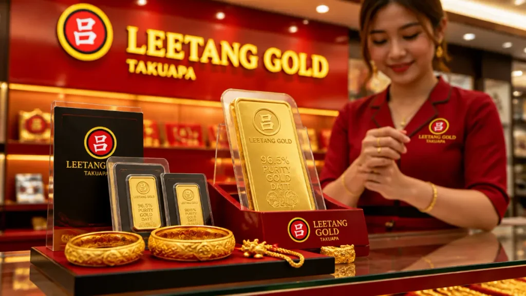 การจัดแสดงแท่งทอง แหวน และเครื่องประดับที่เคาน์เตอร์ร้าน Leetang Gold โดยมีพนักงานในชุดเครื่องแบบสีแดงยืนอยู่ด้านหลังการจัดแสดง ลูกค้าสามารถซื้อทองพร้อมใบกำกับภาษีเพื่อความสะดวกและความปลอดภัยเพิ่มเติม.