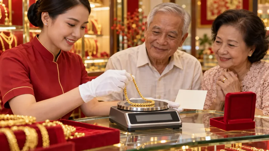พนักงานร้านเครื่องประดับกำลังชั่งน้ำหนักสร้อยคอทองให้กับคู่สามีภรรยาสูงวัยที่นั่งอยู่หน้าเคาน์เตอร์แสดงสินค้าทำจากกระจก ซึ่งเต็มไปด้วยเครื่องประดับทองและกล่องสีแดง เพื่อช่วยพวกเขาเลือกของขวัญที่เหมาะสมที่สุดสำหรับผู้สูงอายุ.