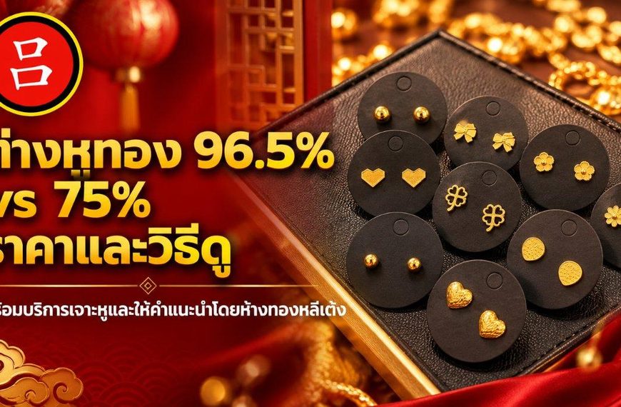 ต่างหูทองแท้แบบสตั๊ดที่จัดวางบนถาดเครื่องประดับสีดำ พร้อมข้อความภาษาไทยที่เปรียบเทียบความบริสุทธิ์ของทอง 96.5% และ 75% เพื่อช่วยให้ลูกค้าเข้าใจว่าต่างหูทองแท้คืออะไร.