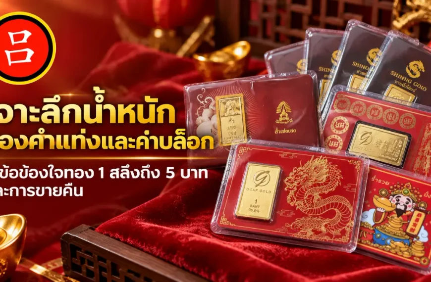 แท่งทองหลายแท่งในบรรจุภัณฑ์ตกแต่งสีแดงและสีทอง จัดวางบนพื้นผิวกำมะหยี่สีแดง รวมถึงทองคำแท่ง 96.5% หลายน้ำหนัก ห้างทองหลีเต้ง ตะกั่วป่า